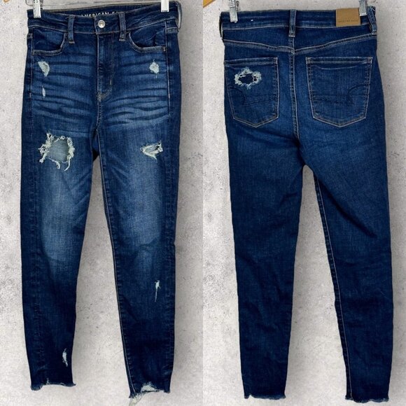 American Eagle Super HI-Rise Jeggings Crop Distressed Blue Size 2 Regular Jeans - Picture 2 of 15